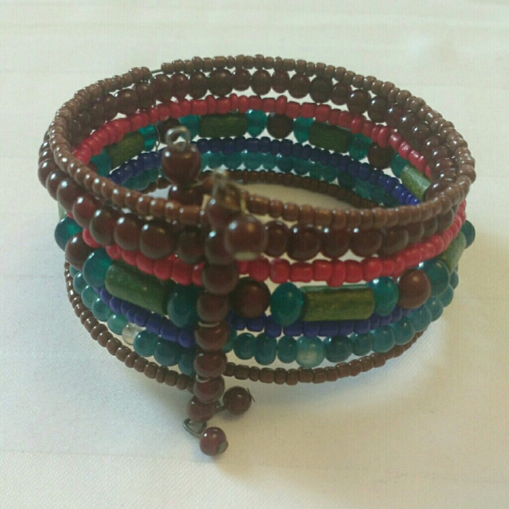 Beaded cuff bracelet, brown, red, green, & blue